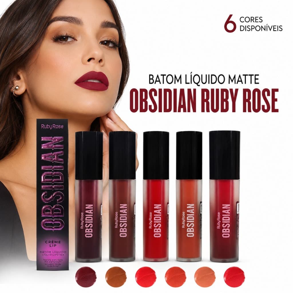 Batom Líquido Matte Obsidian Longa Duração Alta Pigmentação Seis Cores
