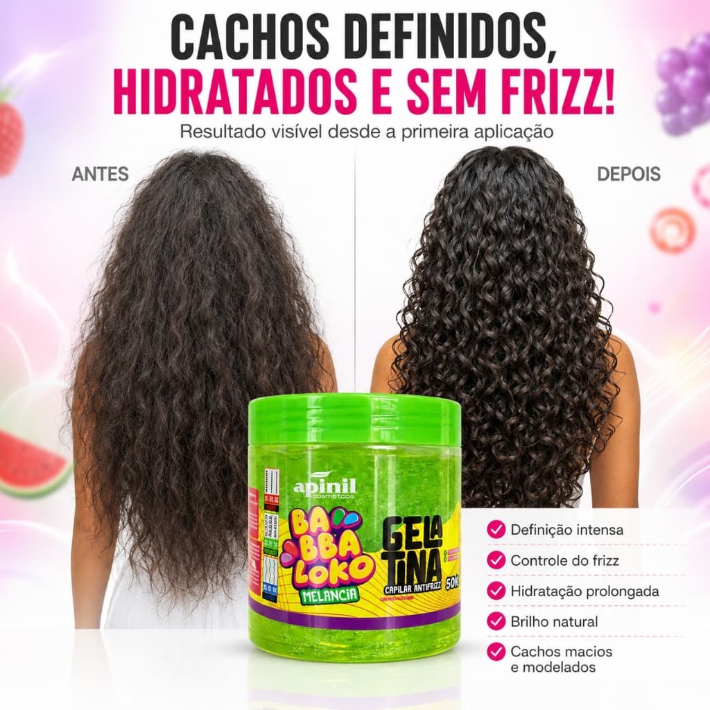 Gelatina Capilar Apinil Babbaloko 500g Definição dos Cachos Anti Frizz Diversas Fragrâncias