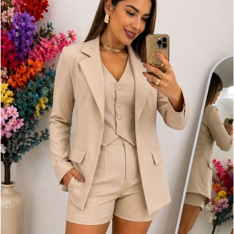 Blazer Alfaiataria Social Feminino Comprido Bolso e Botão Casaco Frio