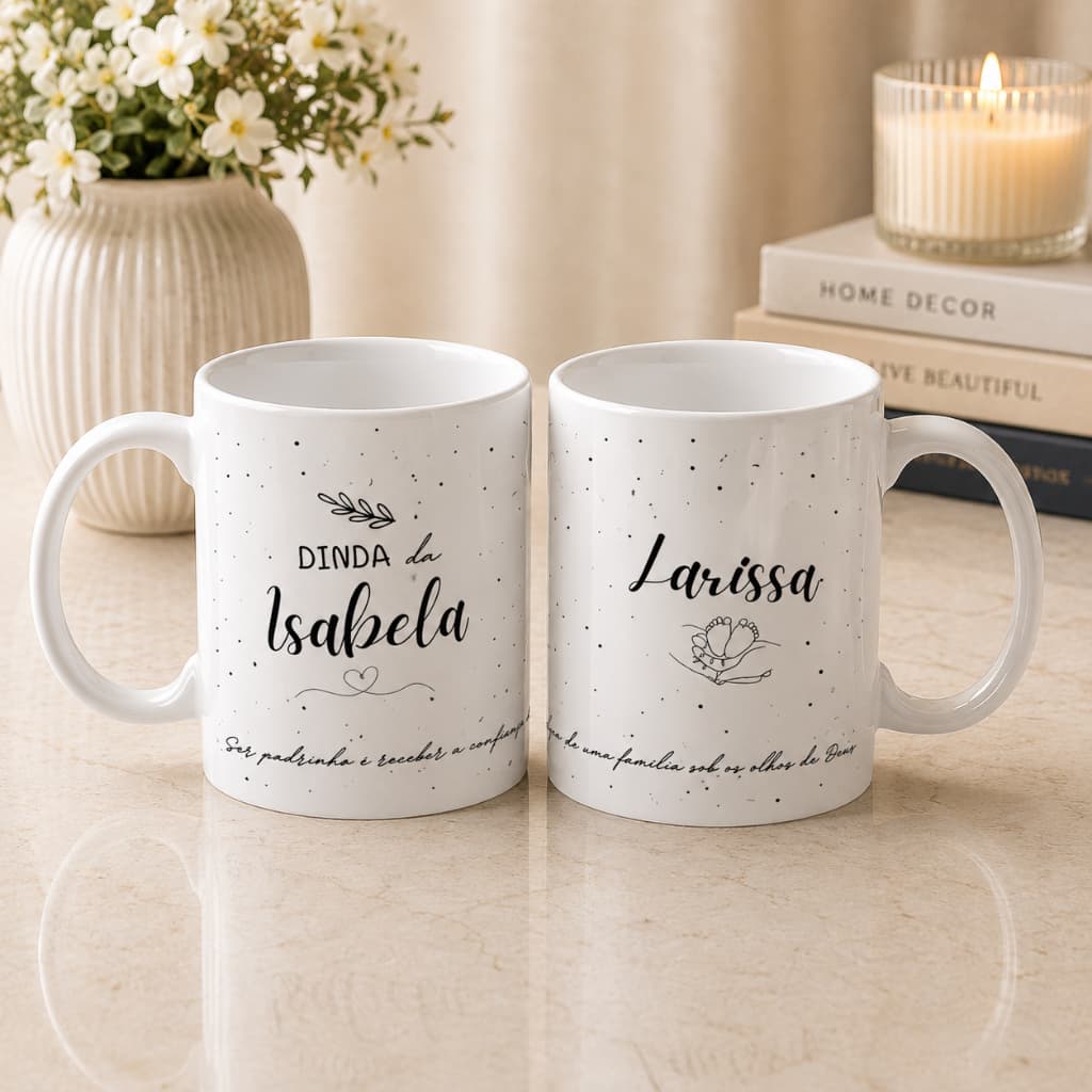 Caneca com Nome + Caixa Convite Padrinhos de Batismo Dindo/Dinda Personalizada Xícara