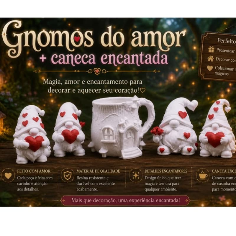 Kit Gnomos do Amor + Caneca Encantada – Decoração Romântica e Colecionável