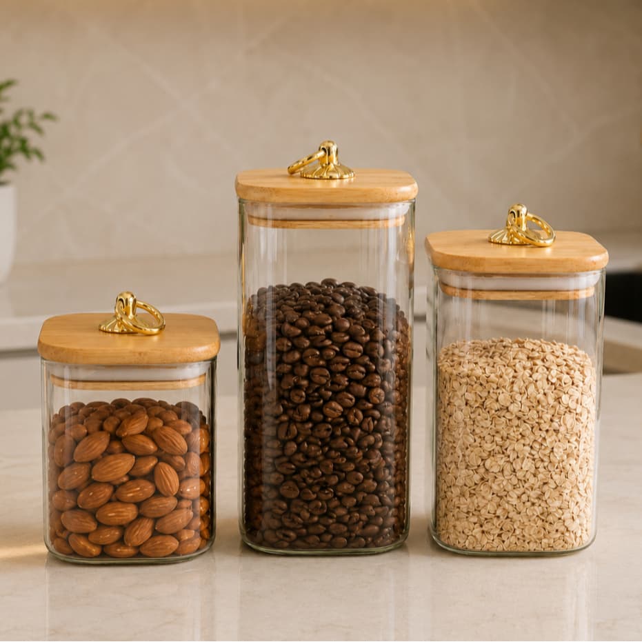 Conjunto 3 Potes Vidro Transparente Tampa Bambu Puxador Argola Quadrado Porta Mantimentos Hermético Cozinha