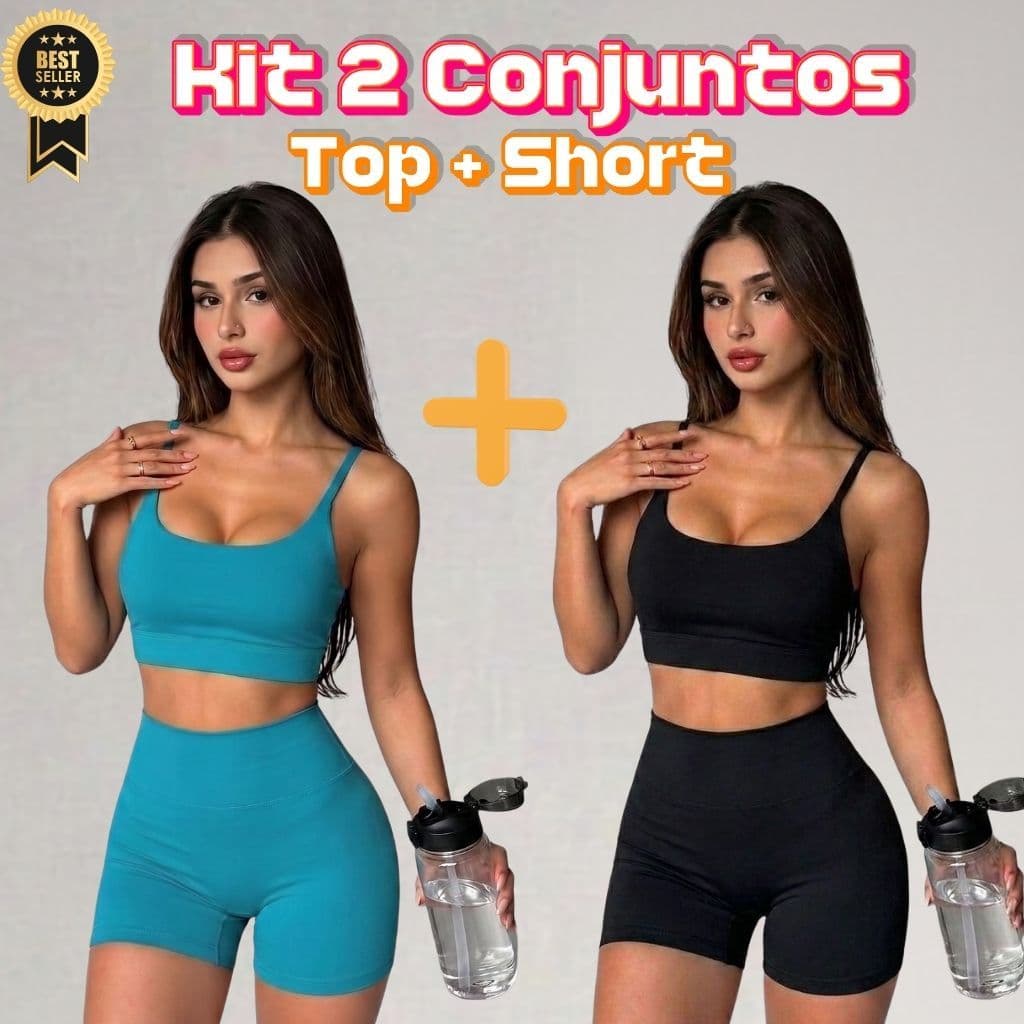 Kit 2 Conjunto Fitness Feminino Academia Top e Short Cintura Alta Premium Zero Transparência