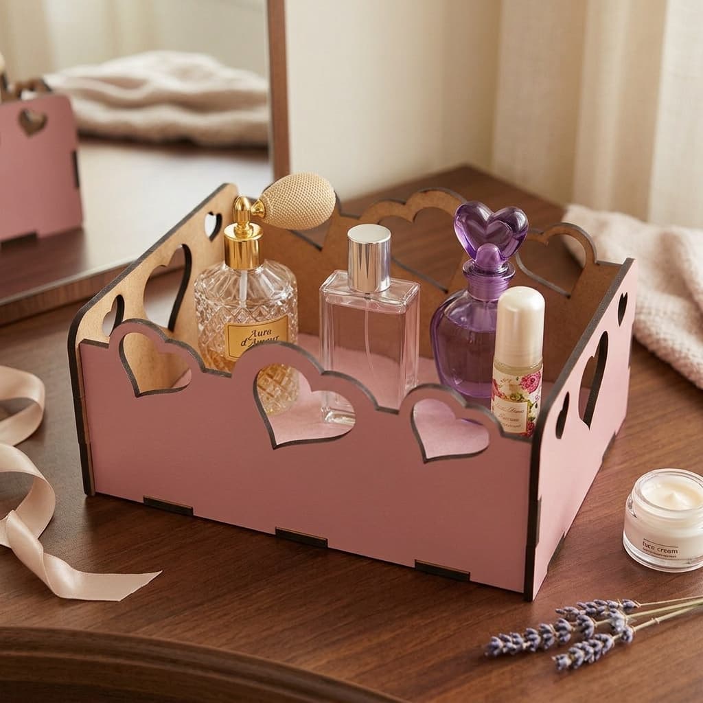Kit 5 Bandejas Organizadoras MDF Rosa Decorativa Coração Vazada Porta Perfumes Cosméticos Multiuso