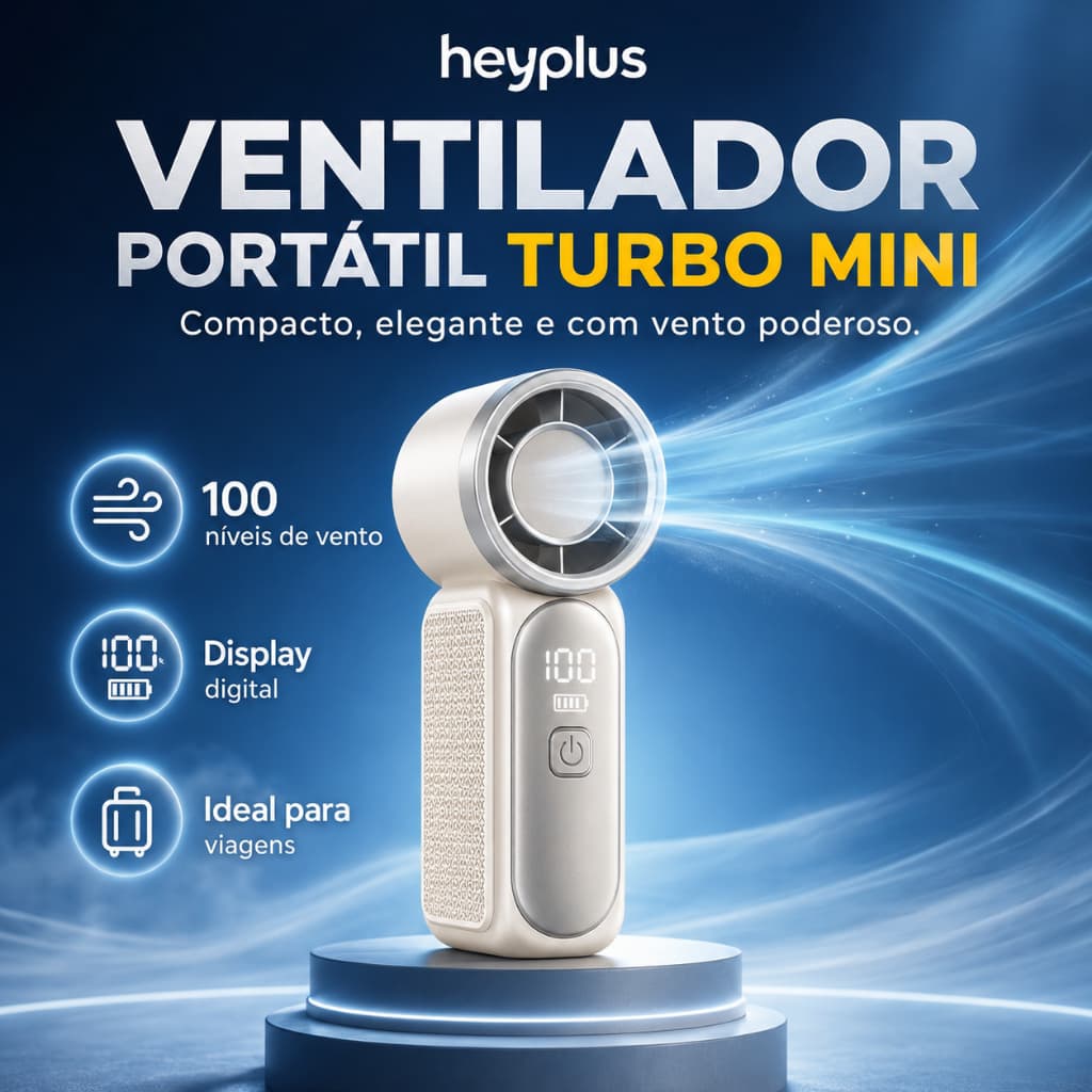Mini Ventilador Turbo de Mão 100 Velocidades – Recarregável, Silencioso, Portátil, Longa Autonomia com Display LED