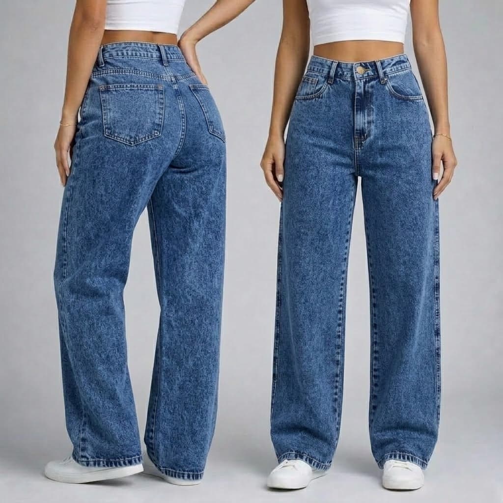 Calça Feminina Jeans Wide Leg Cintura Alta Pantalona Marmorizada Confortável Modelagem Premium