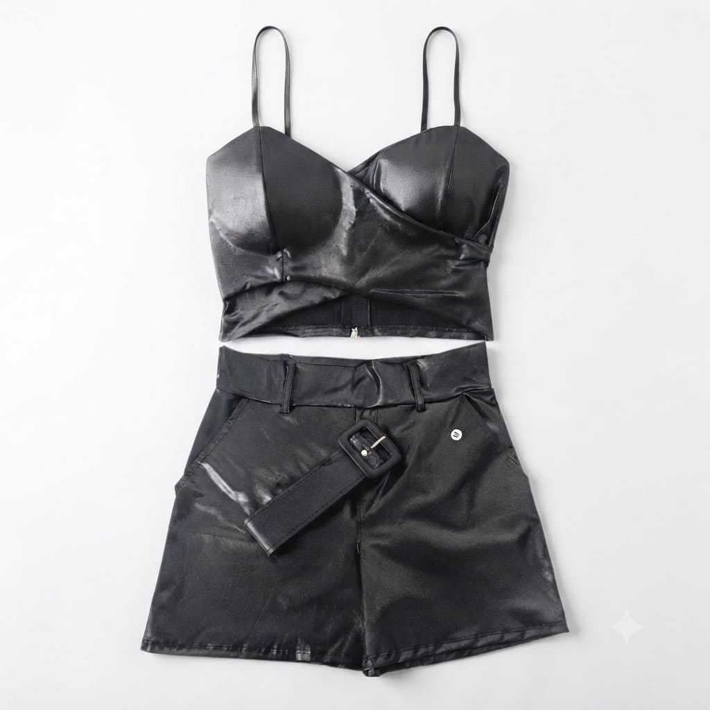 CONJUNTO FEMININO PRETO CROPPED COM ZIPER E SHORTS COM CINTO DE COURO FAKE (CIRRE) Tam. Uni. M