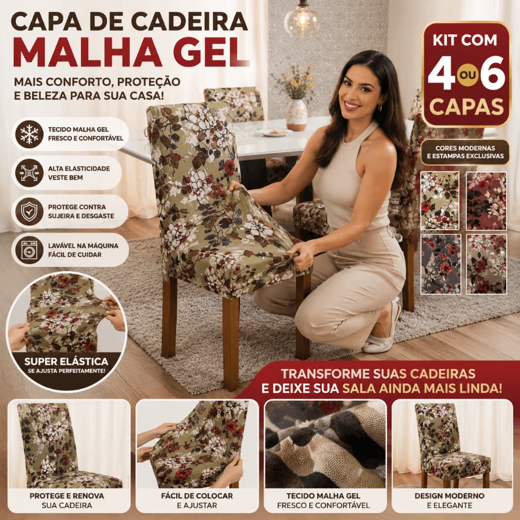 Kit 4 Ou 6 Capas De Cadeira Estampada Malha Gel Elástica Lavável Para Cozinha Sala Jantar Universal