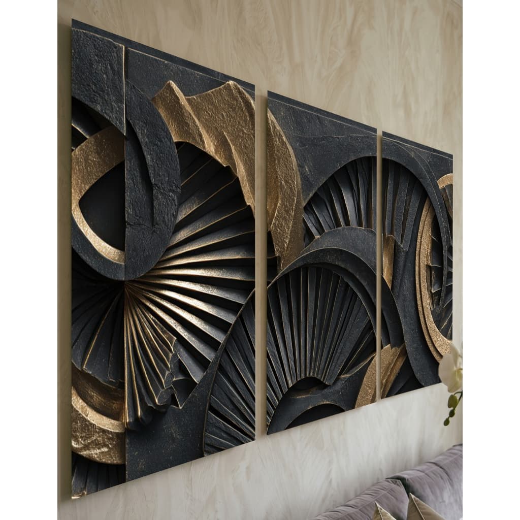 Kit Quadro Decorativo 3 Peças Art Déco Preto Dourado Textura 3D Sala Estar Decoração Moderna