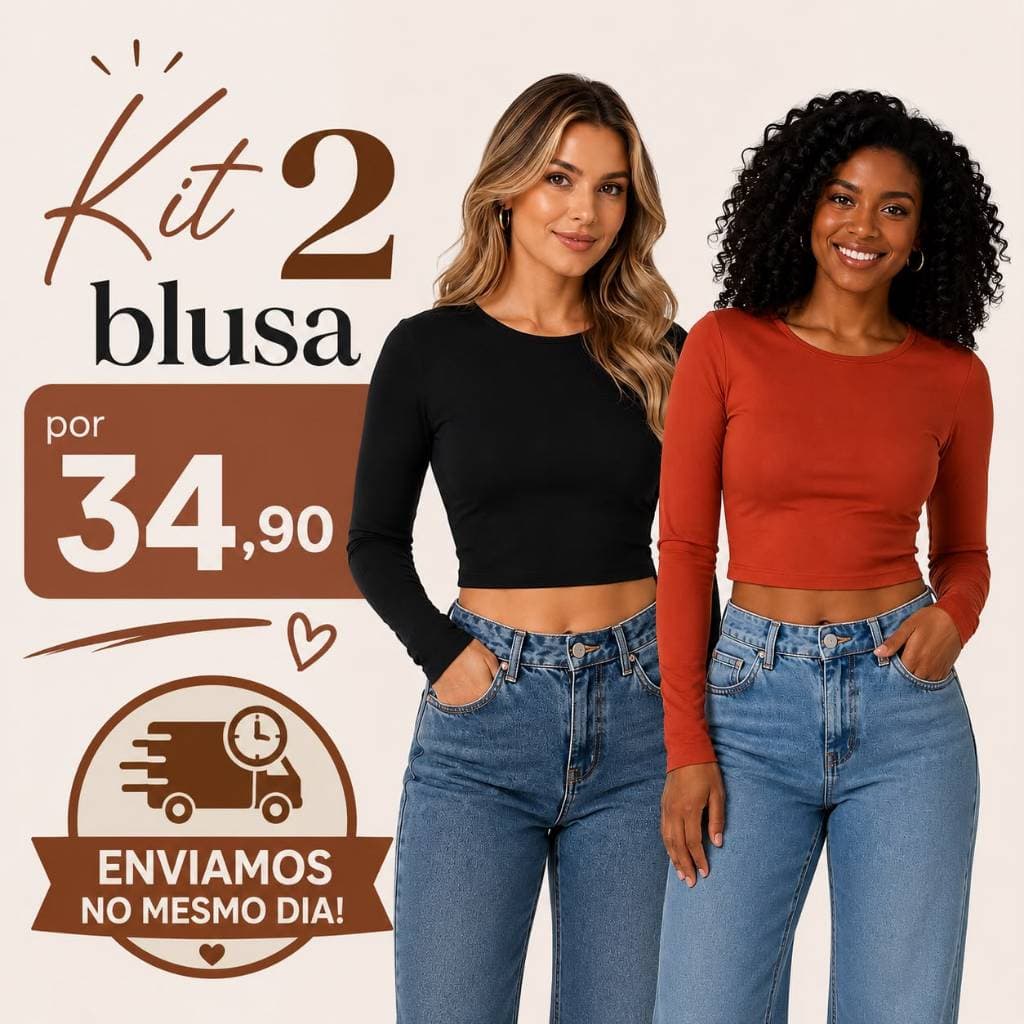 Kit 2 Croppeds Manga Longa Gola U Canelado Cores Neutras e Básicas Casual Elegante