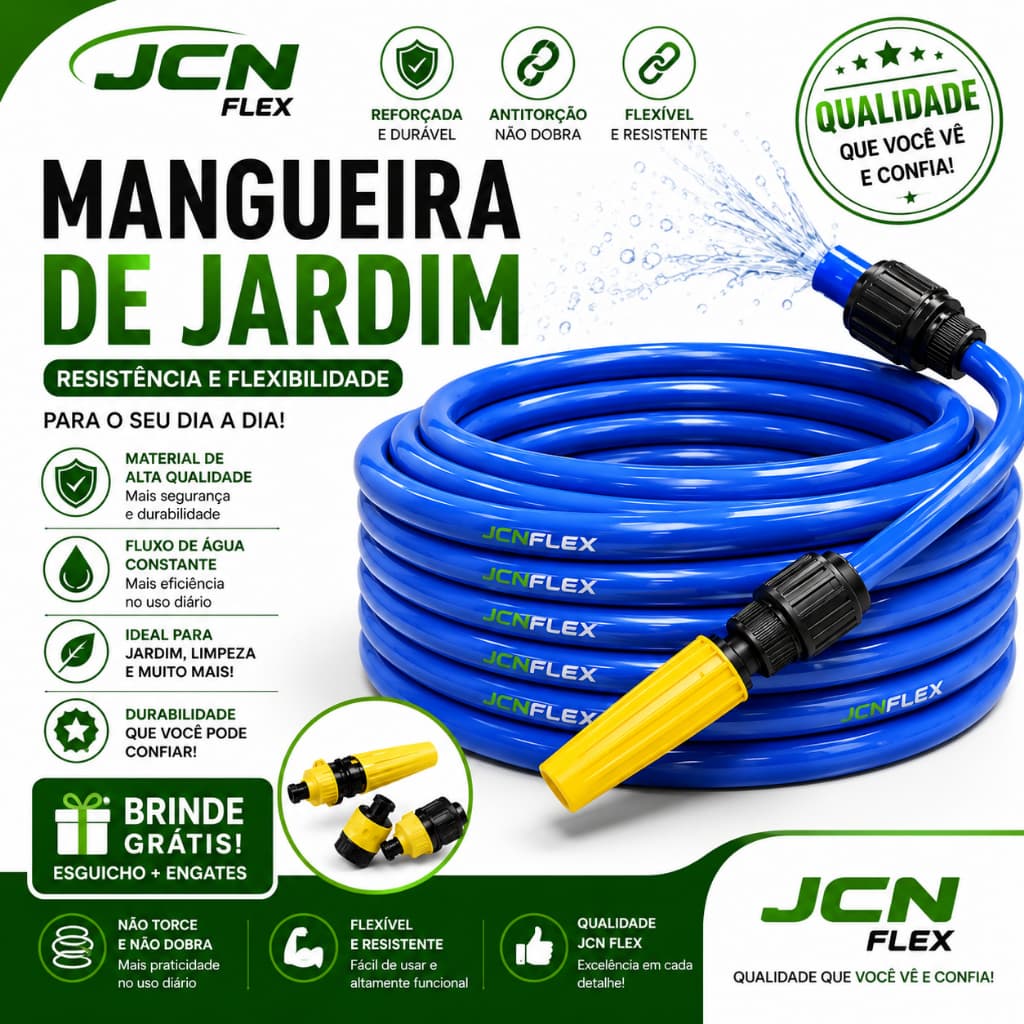 Mangueira de Jardim Reforçada Lisa Flexível PVC com Esguicho e Engates 7 10 15 20 25 30 50 Metros JCN FLEX
