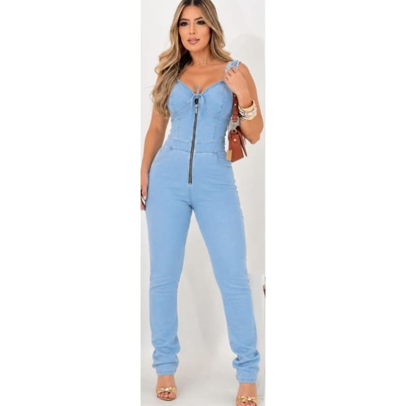 Macacão Longo Jeans Feminino com laycra Manga Curta Com ziper moda Blogueira