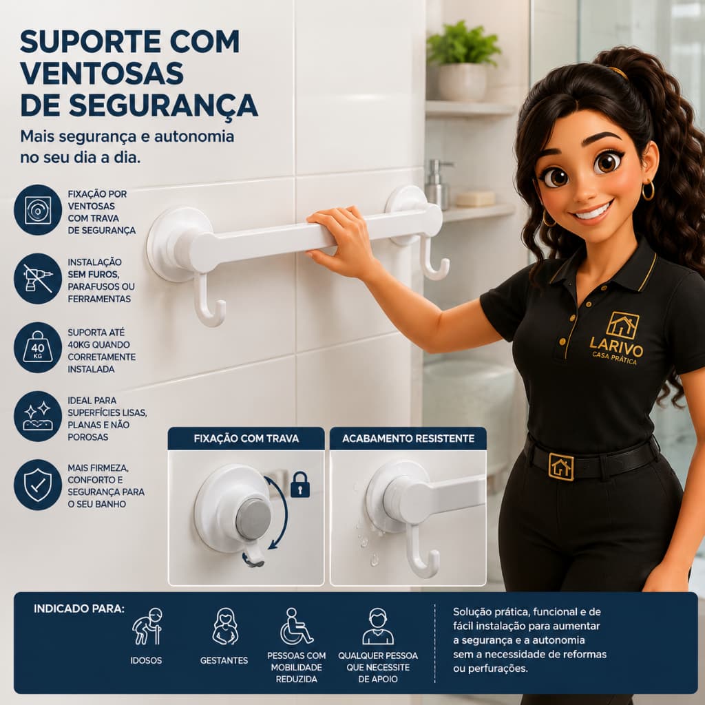 Suporte Segurança Banheiro Branco Auto Adesivo Pratico Resistente