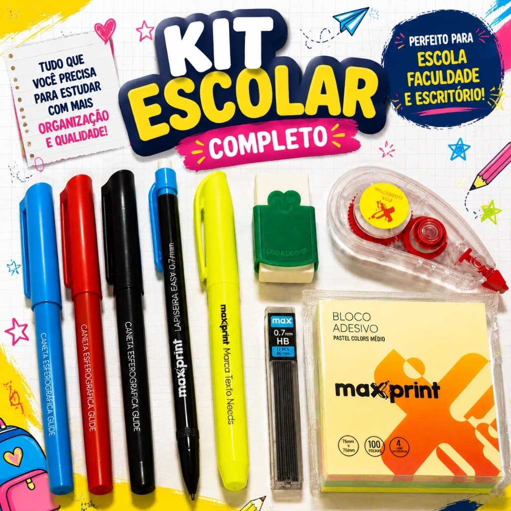 Kit Escolar Completo Maxprint com Canetas, Marca Texto, Lapiseira, Grafite, Borracha e Fita Corretiva