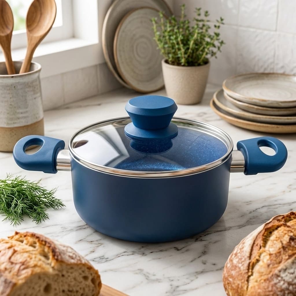 Panela Cerâmica Antiaderente 18cm Tampa Vidro Azul Cozinha Fogão Gás Indução Elétrico