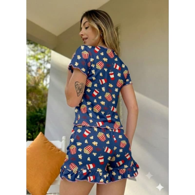 Pijama babadinho short doll e blusa de manguinha short babado