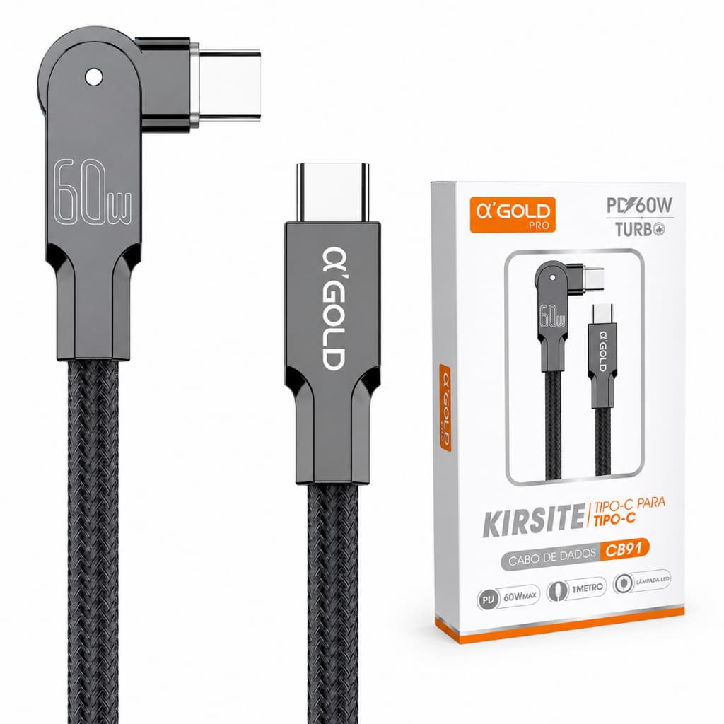 Cabo Tipo-C para Tipo-C 60W Turbo PD 1m A'Gold Original  180° com LED Revestimento Trançado