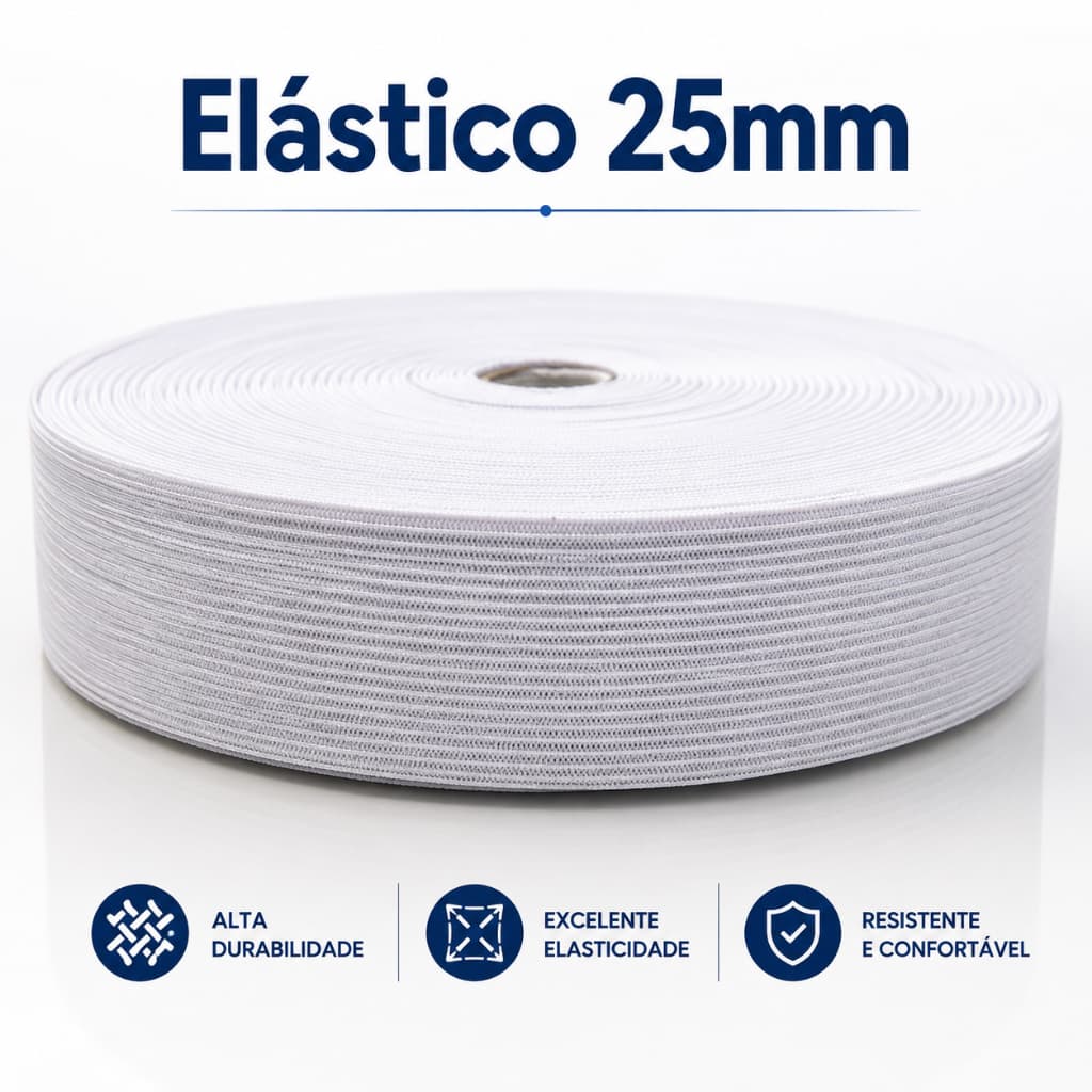 Elástico Branco 25mm x 25 Metros para Costura, Confecção e Artesanato
