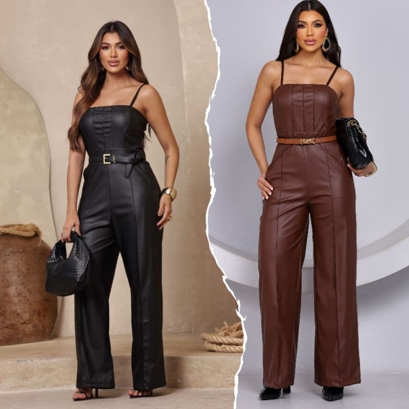 MACACÃO FEMININO DE COURO ELEGANTE CASUAL