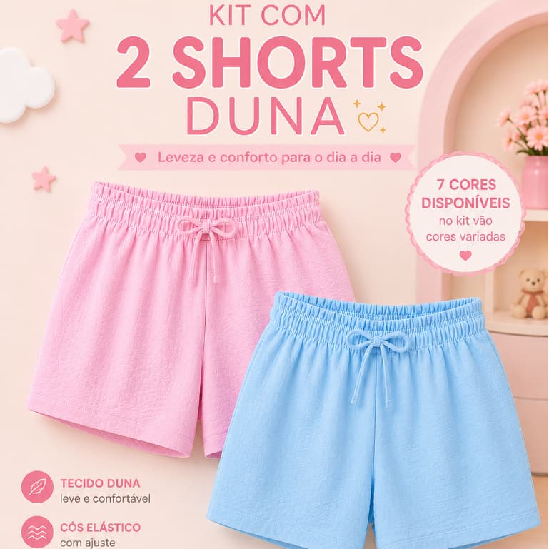 Kit Com 2 Shorts Infantis Com Elástico Tecido Duna