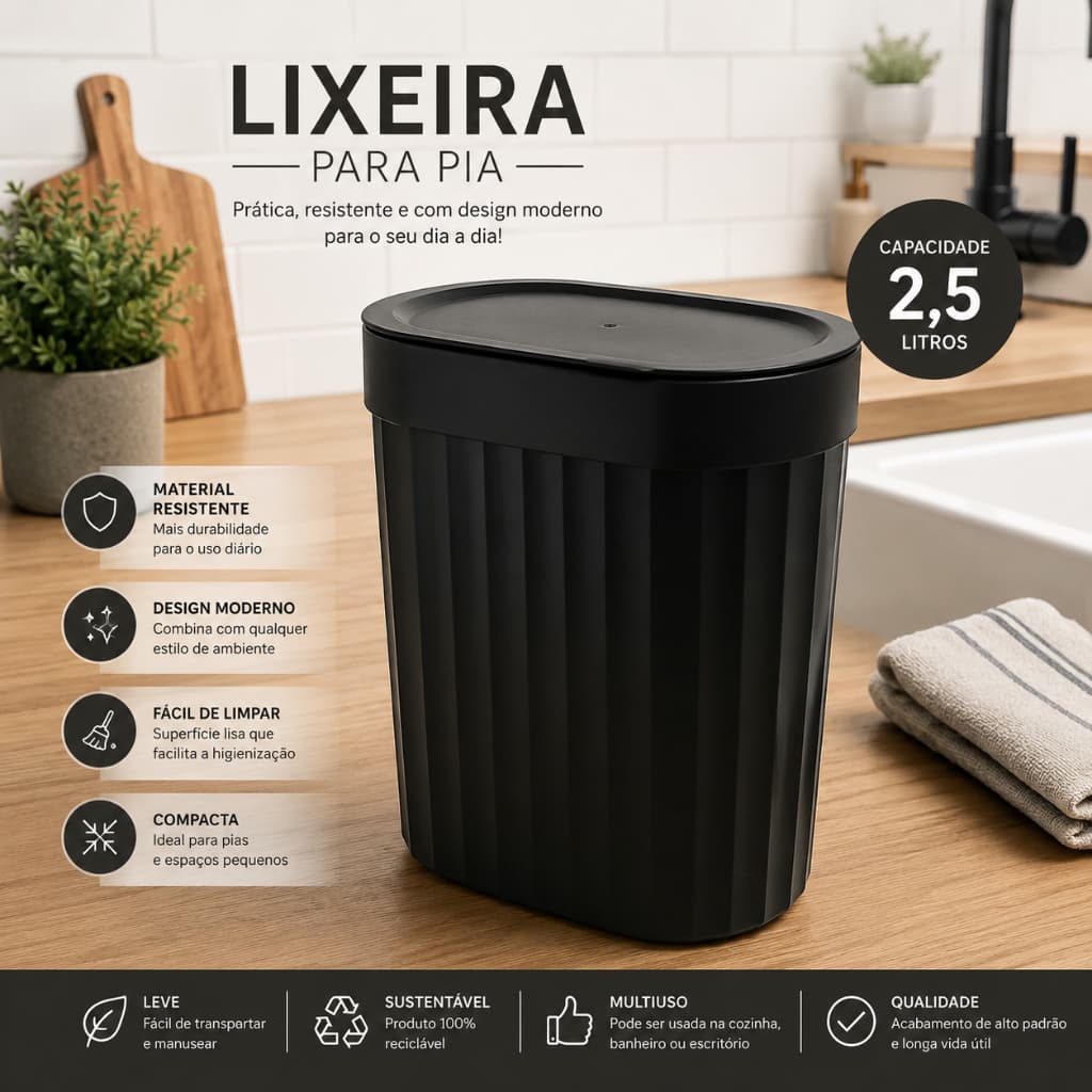 Lixeira Xplast Preta Para Pia/Mesa 2,5L de Plástico Cozinha Resistente