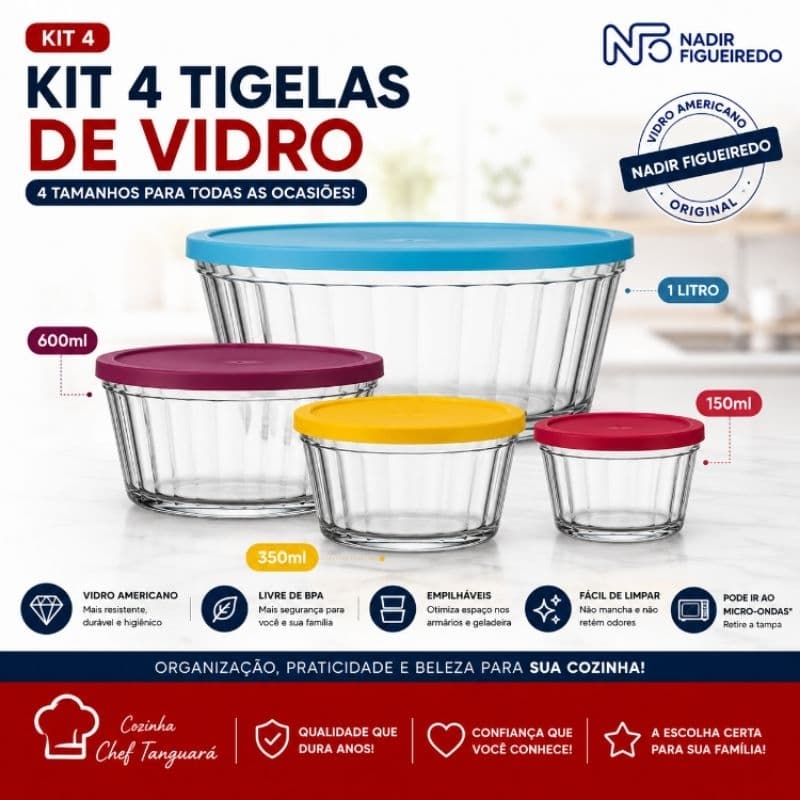 Kit 4 Tigelas de Vidro Americano Nadir Figueiredo 150ml 350ml 600ml e 1L