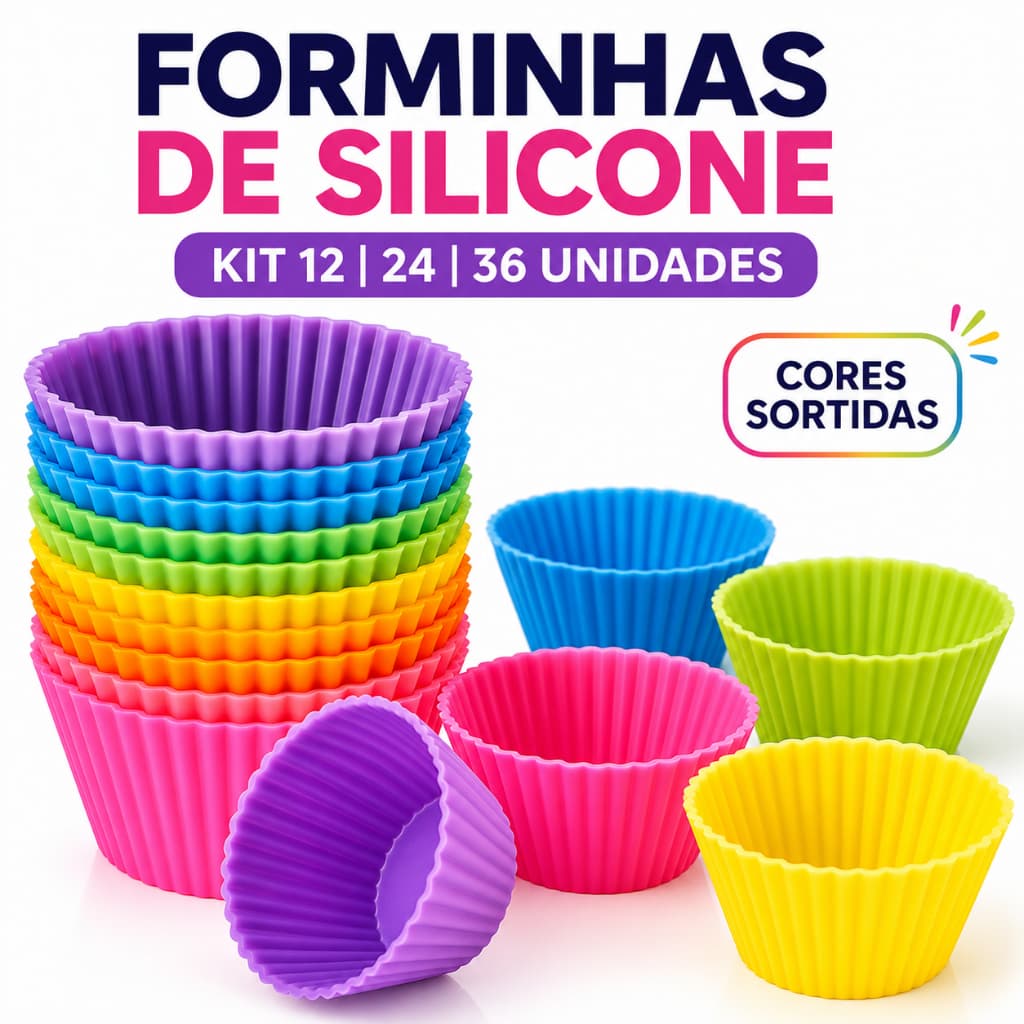 Kit 12 24 ou 36 Forminhas de Silicone para Cupcake Muffin Mini Bolo Reutilizáveis Coloridas