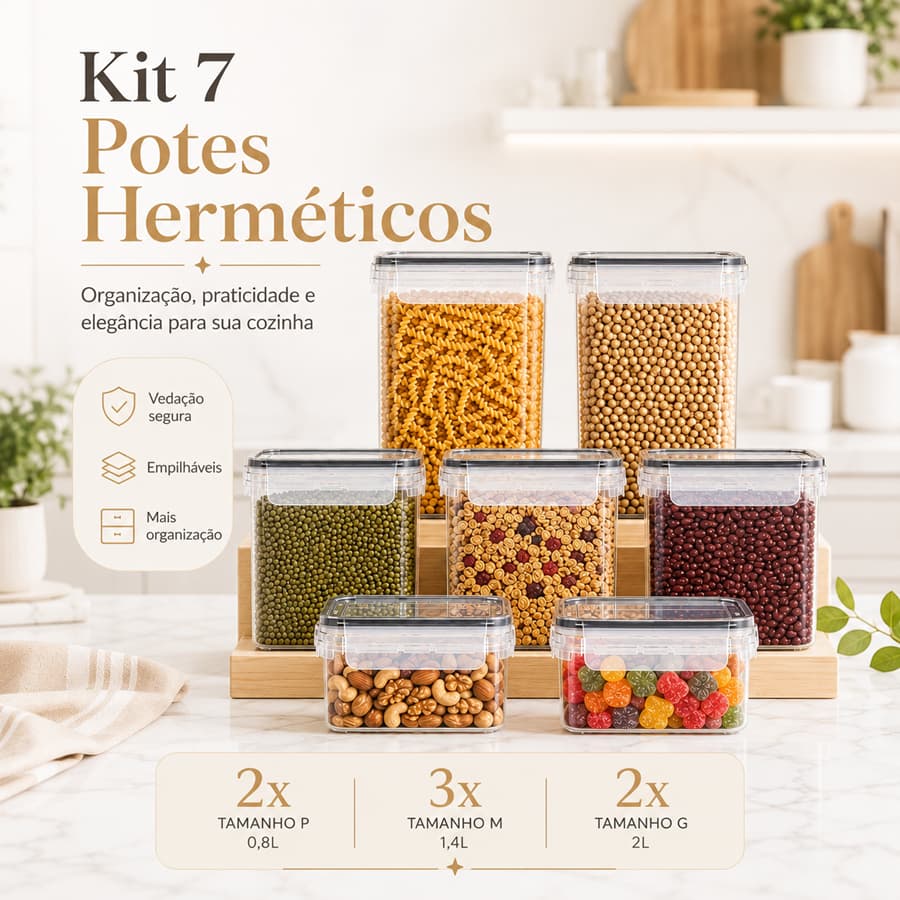 Kit 7 Potes Herméticos Empilháveis Porta Alimentos Cozinha