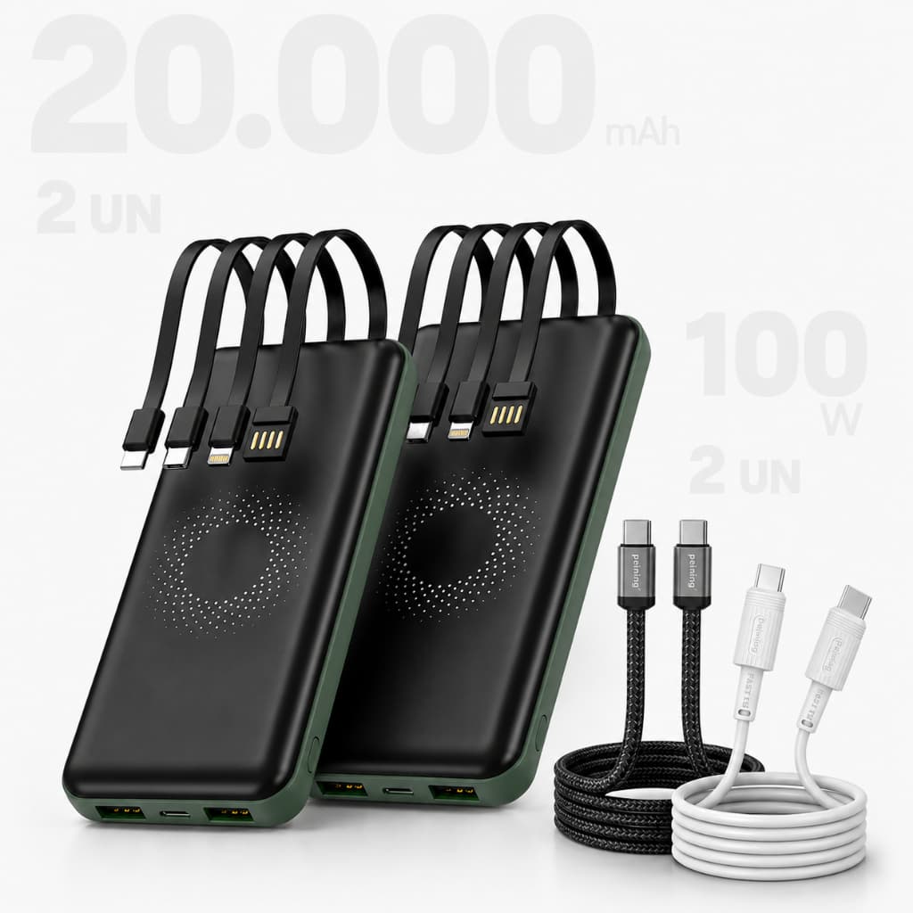 Kit com 2 Power Banks Indução de 20.000mAh Verdes + 2 Unidades Cabos USB-C/USB-C Preto e Branco 60W
