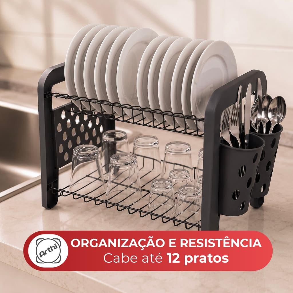 Escorredor Louça Secador Porta Talheres Não Enferruja 12 Pratos Escorredor de Pratos Chumbo Arthi
