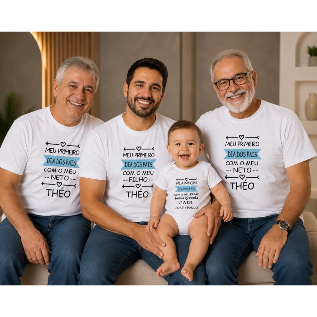 Kit 3 Camiseta + Body Meu Primeiro Dia Dos Pais Pai Filho e Vovôs Personalizado Com Nome