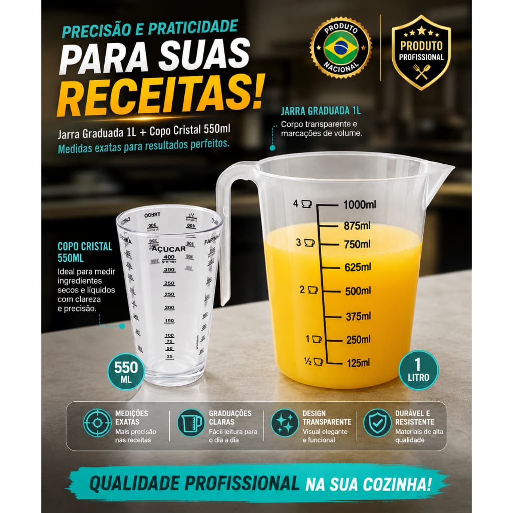 Kit de Jarra Medidora De Líquidos E Farinhas Em Plástico e  1  Copo Medidor de Ingredientes  500 ml