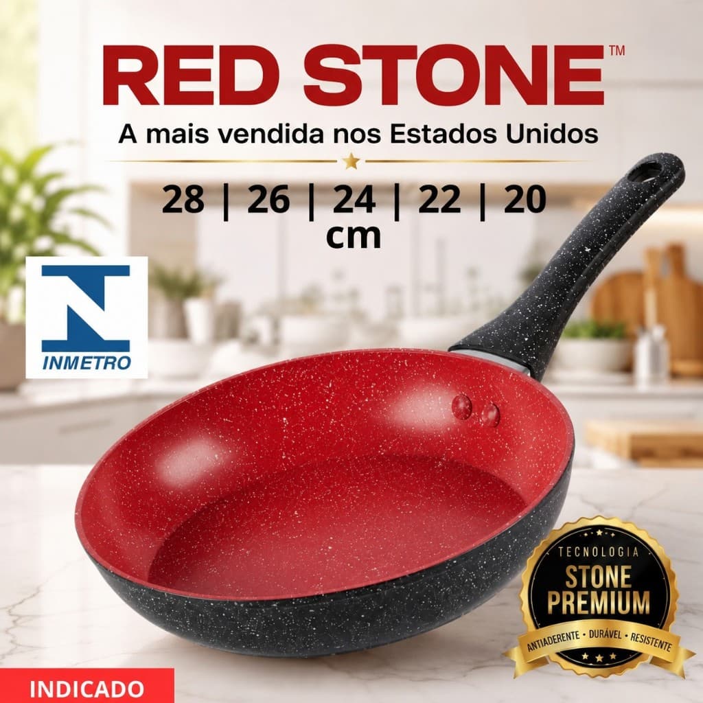 Frigideira Antiaderente Importada Vermelha Red Stone Ate 28cm Fogão Gás, Elétrico, Vitrocerâmico e Indução