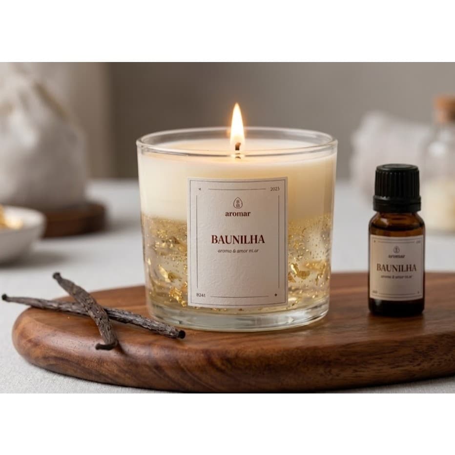 Vela Aromática com Folhas Douradas Artesanal para Presente e Decoração
