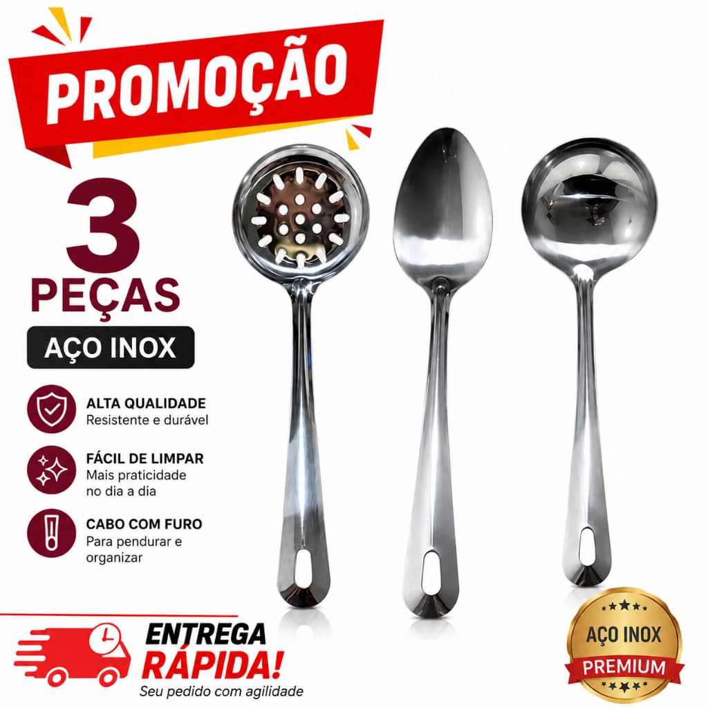 Kit 3 Inox Concha Escumadeira Colher de Servir Arroz Cozinha Utensílios