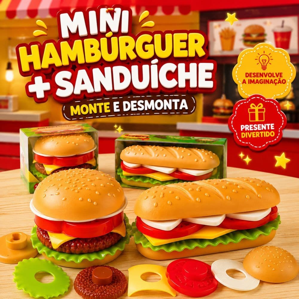 Kit Mini Hambúrguer Monta e Desmonta Brinquedo Cozinha Infantil Faz de Conta Educativo