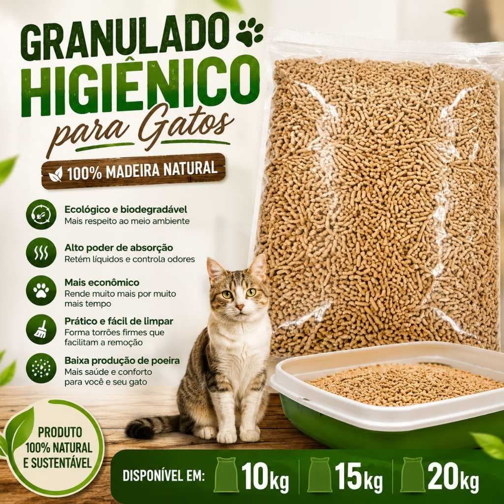 Granulado de Madeira para Gatos  Areia Higiênica Natural Alta Absorção Controle de Odor