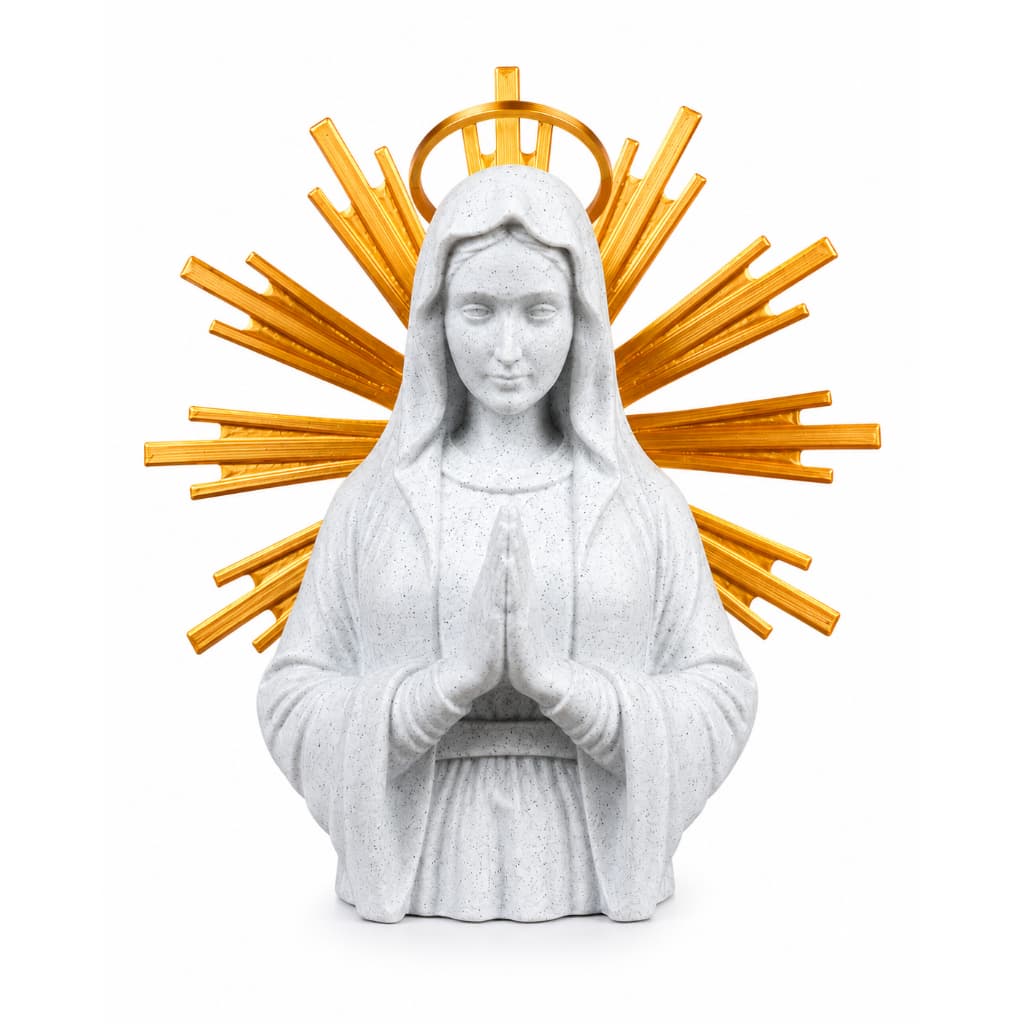 Imagem Nossa Senhora de Fátima 20cm em PLA Biodegradável Branco Granito com Halo Dourado – Impressão 3D Decorativa