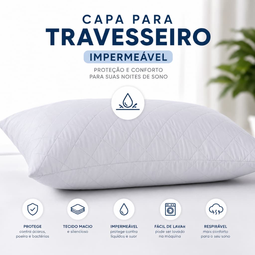 Capa Protetor de Travesseiro Impermeável Matelado com Zíper Premium Cama Antissuor Antiácaro Confort
