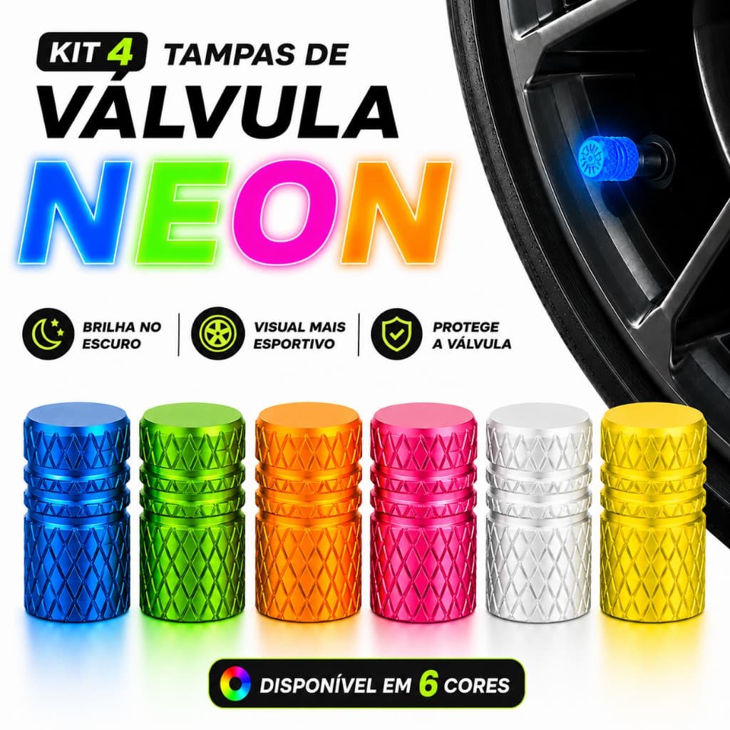 Kit 4 Tampas de Válvula Neon Fluorescente para Pneu Carro Moto Bicicleta em Universal Brilha no Escuro