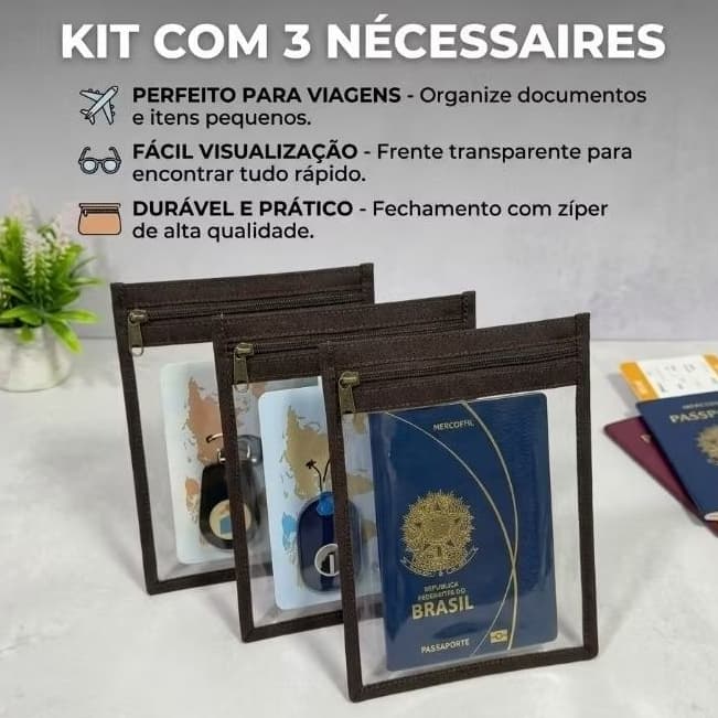 Kit com 3 nécessaires plásticas 2 bolsinhos (Vertical)/Porta passaporte.