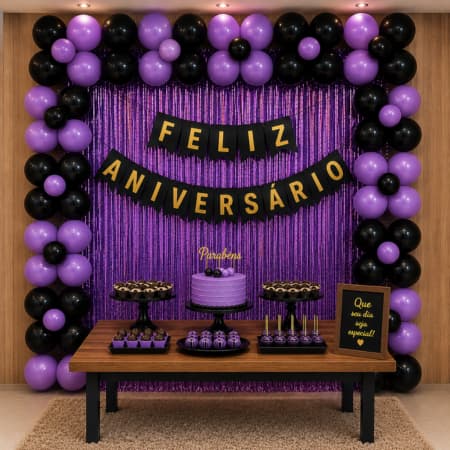 Kit Decoração Festa Completo com Cortina Metalizada, Balões e Faixa Feliz Aniversário – Painel para Fest