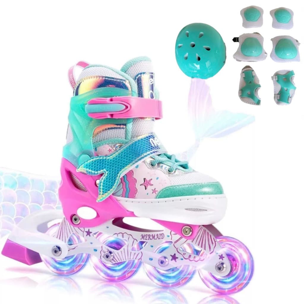 Patins Roller Inline Infantil Ajustável Com Luz De Led Com Kit Proteção Meninas Criança Promoção