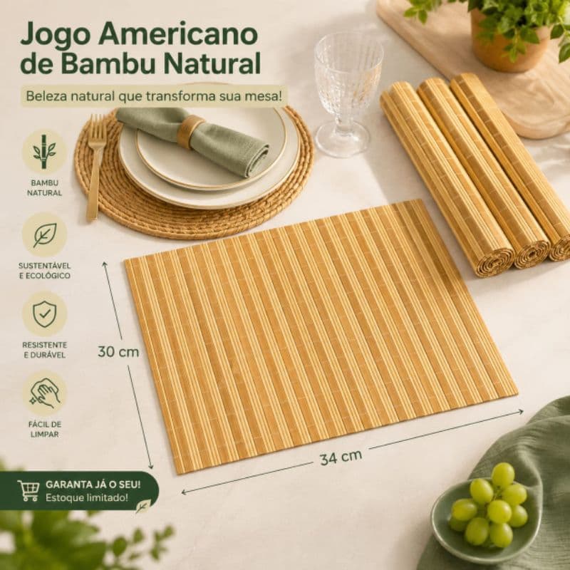 Kit 4 Peças Jogo Americano de Bambu Retangular Suplast, Souplast Para Mesa De Jantar