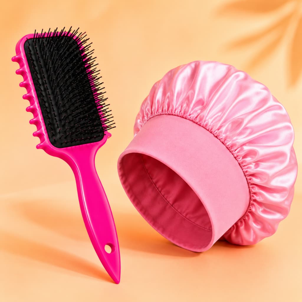 Kit Touca de Cetim com Faixa + Escova de Fitagem Cerdas de Javali Antifrizz para Cachos