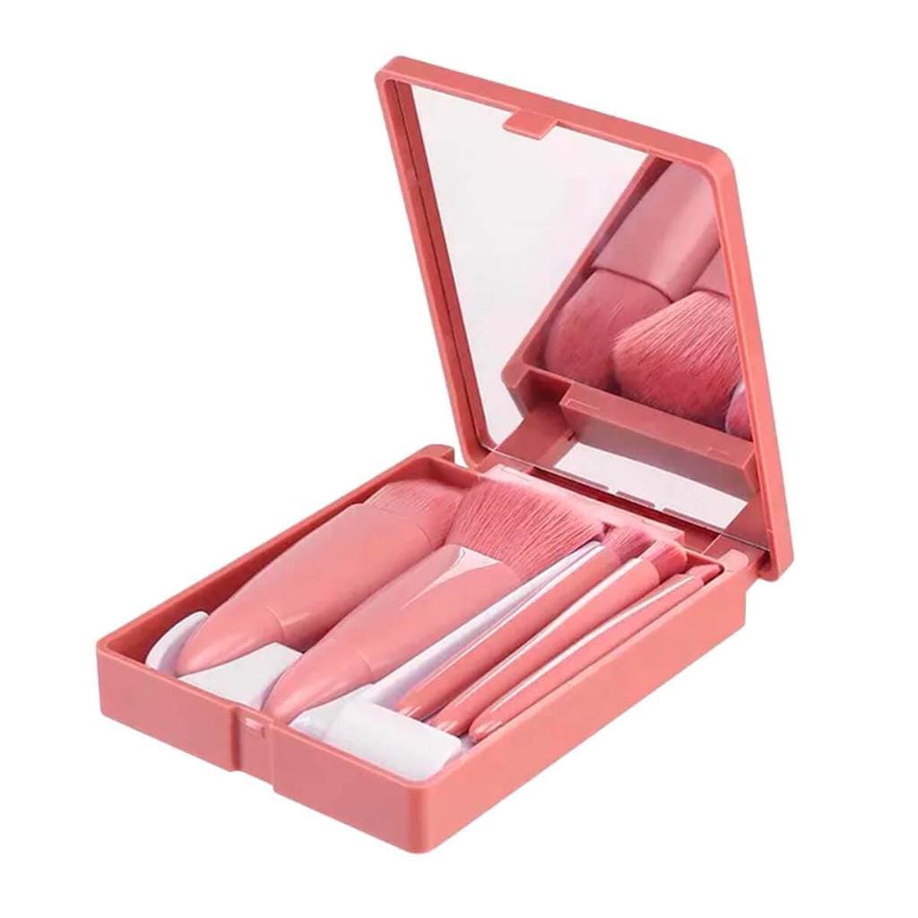Kit 5 Pincéis De Maquiagem Portátil Com Espelho Estojo Compacto Para Bolsa Viagem