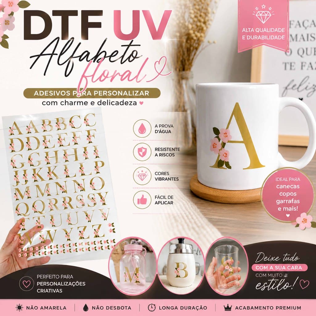 Cartela Adesivos DTF UV Alfabeto Floral | Letras Personalizadas para Copos, Canecas e Garrafas