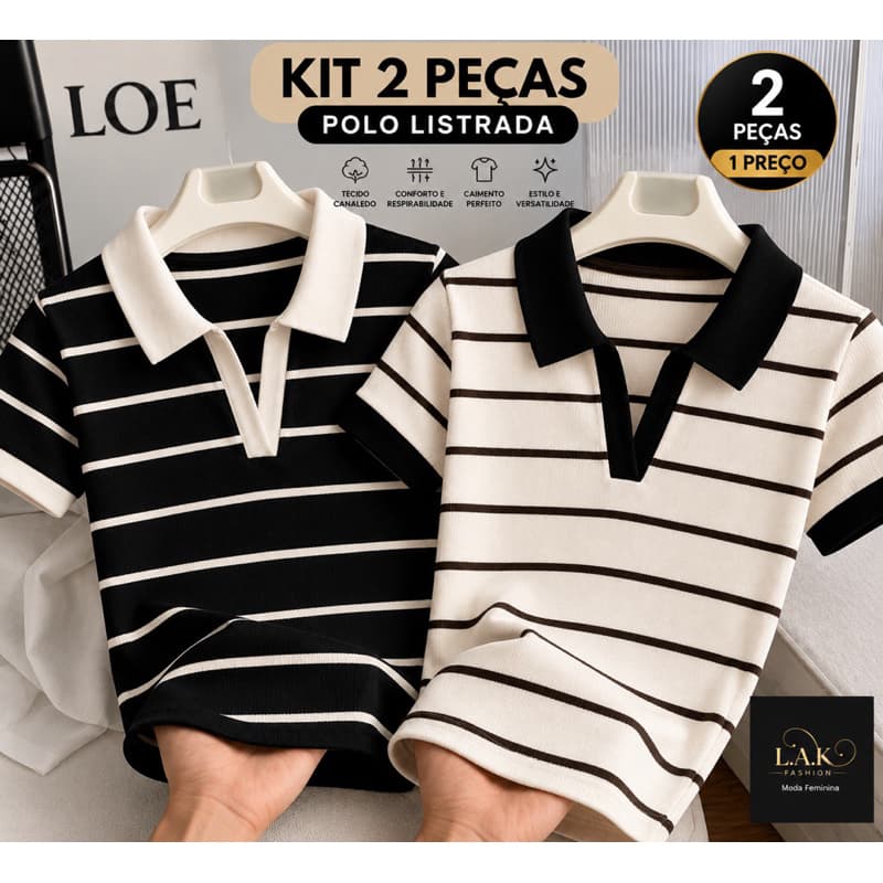 Kit 2 Blusas Polo Feminina Listrada Canelada Slim Manga Curta Básica Elegante