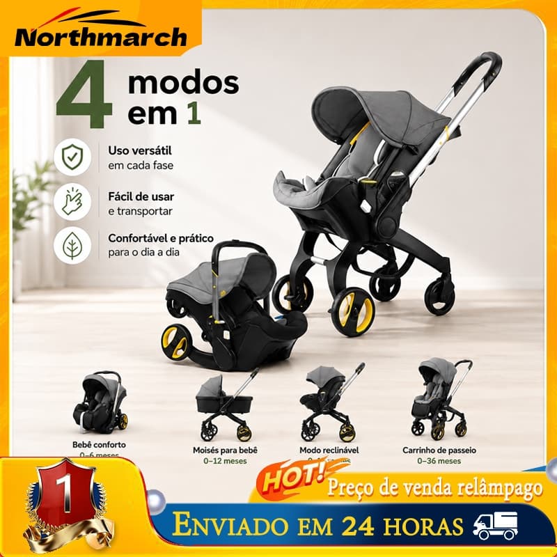 Carrinho de Passeio Bebê 4 em 1 Bebê Conforto Moisés Reclinável 0 a 36 Meses