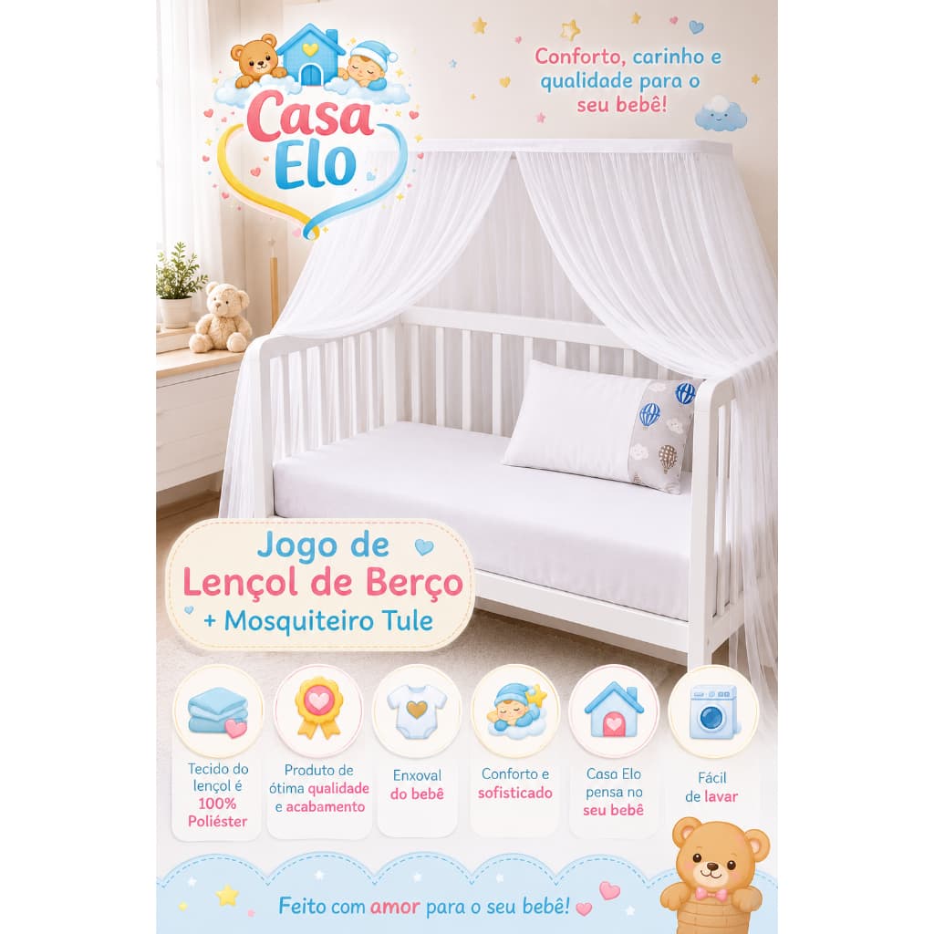 Kit Mosquiteiro para Berço Americano + Jogo de Lençol com Elástico Poliéster Enxoval Bebê Menino e Menina